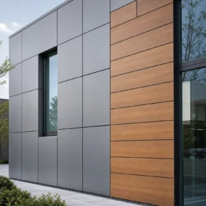Coloured fiber cement boards displayed in architectural facade tones