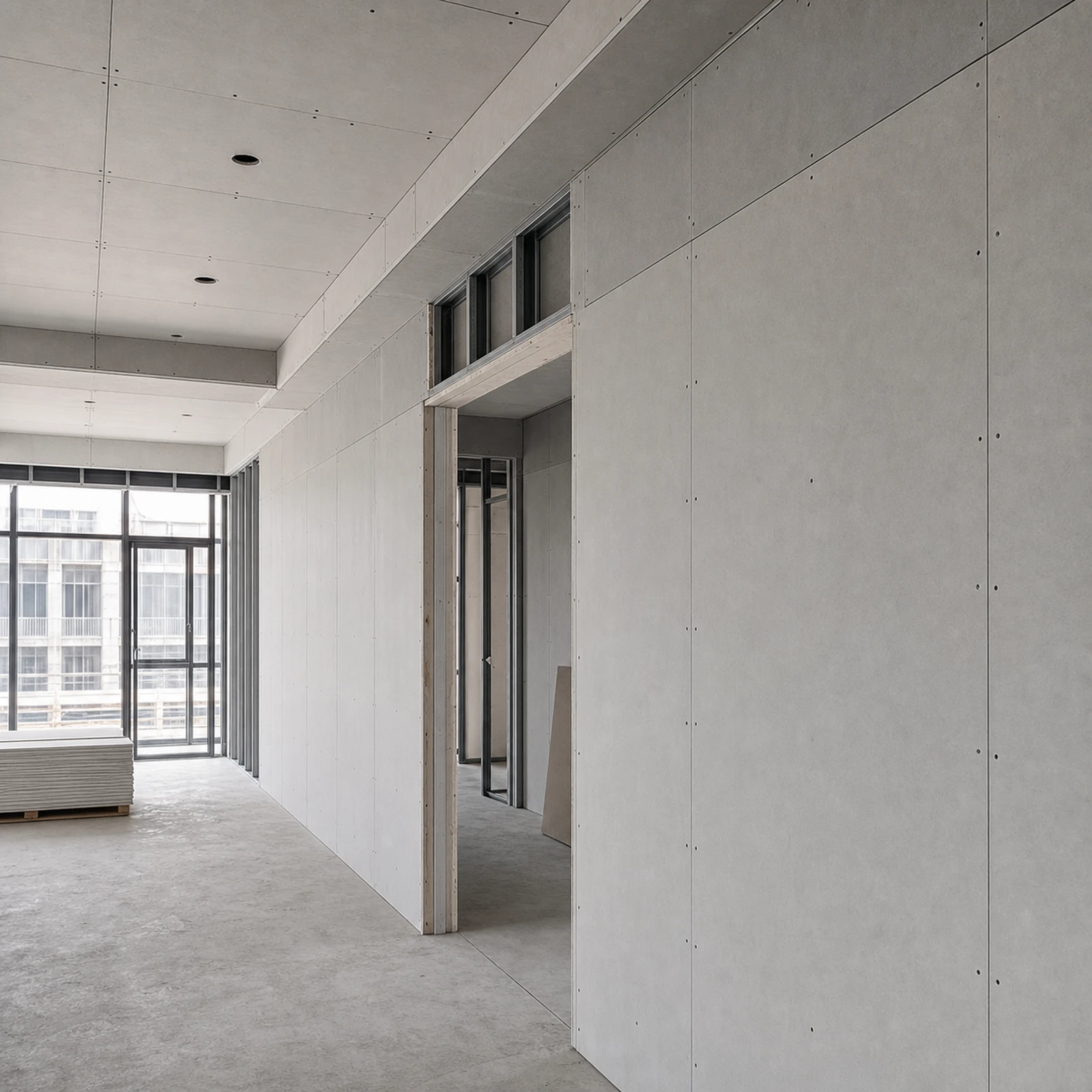 Compressed fiber cement board for interior partition applications