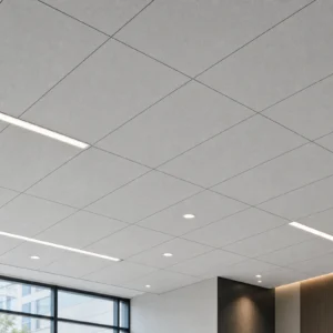 Fiber cement ceiling board installed in a suspended ceiling system