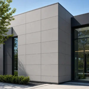 Fiber cement composite panels on a clean modern facade