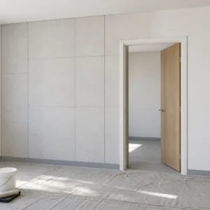 Interior application concept with pale wall-lining boards beside a finished painted surface.