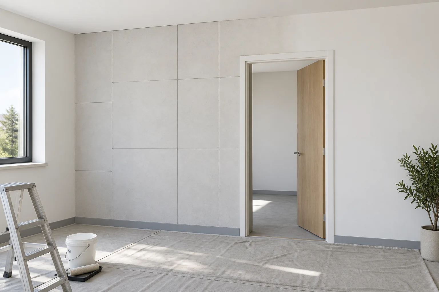 Interior application concept with pale wall-lining boards beside a finished painted surface.