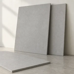 Compressed fiber cement boards displayed for interior lining and partition applications