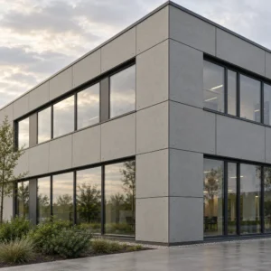 Modern commercial facade finished with large grey fiber cement cladding panels