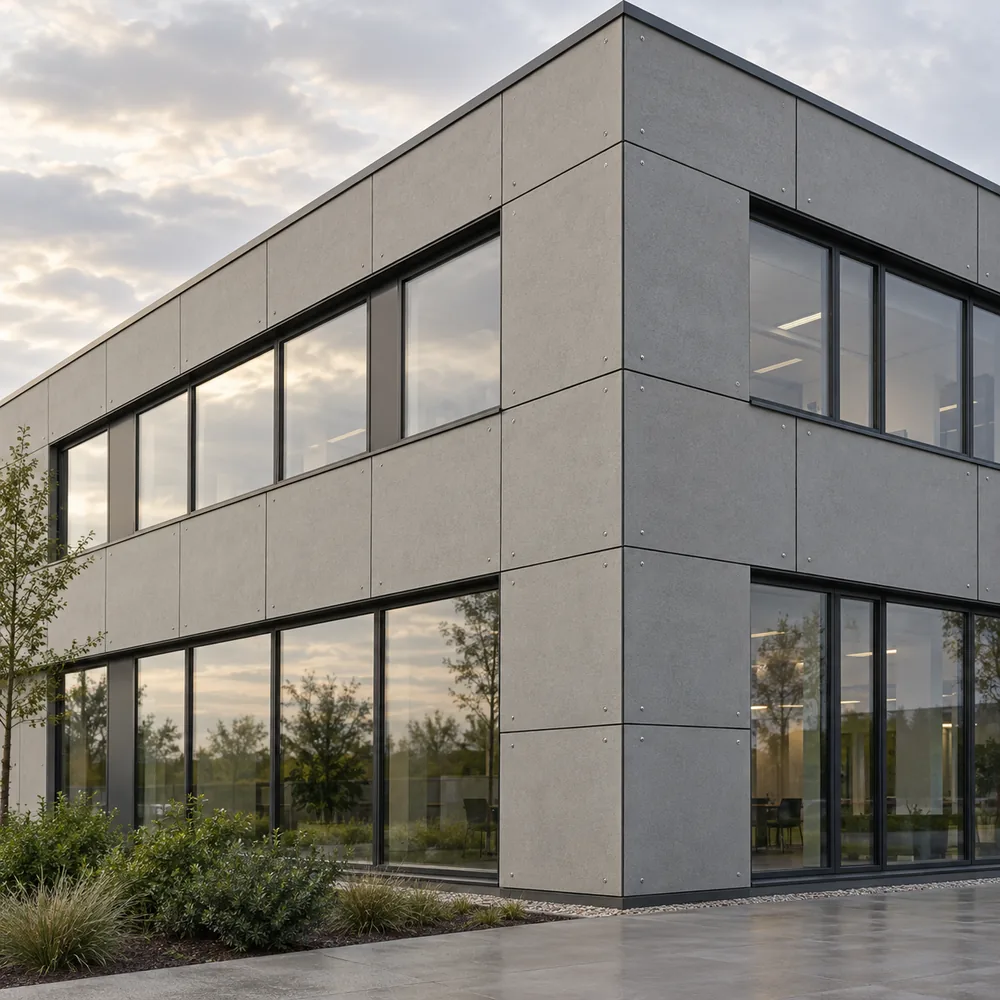 Modern commercial facade finished with large grey fiber cement cladding panels