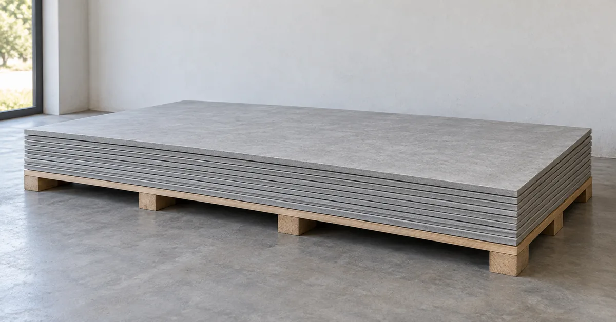 Board sheets stored flat on level supports in a clean dry indoor storage concept.