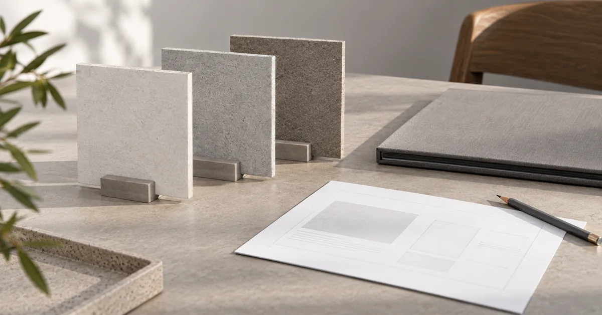 Board samples and a blank specification sheet arranged on a procurement desk.