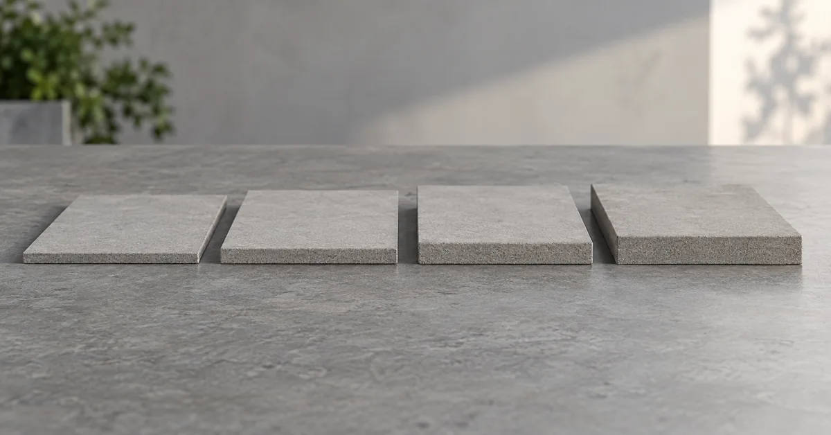 A supported row of grey board samples showing different visible sheet thicknesses.