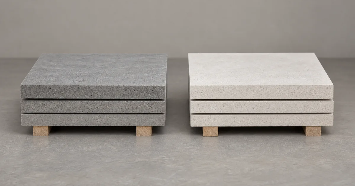 Grey and off-white board samples placed side by side on a neutral comparison table.