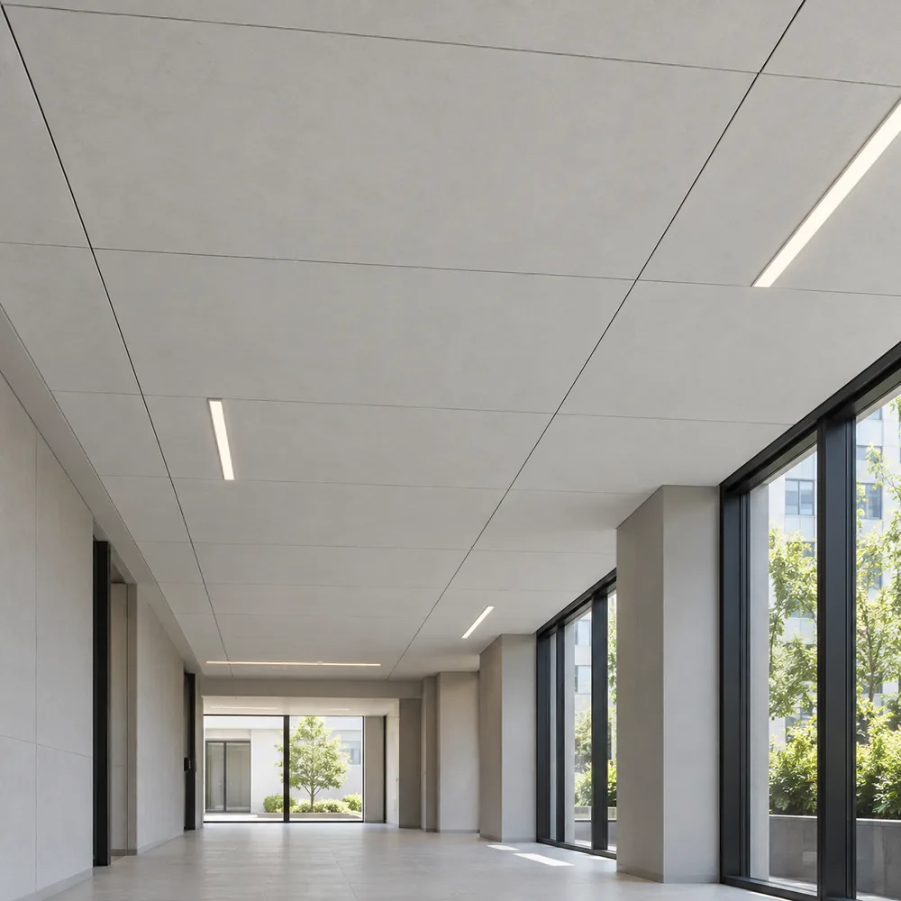 Pale fiber cement ceiling panels installed in a modern commercial corridor