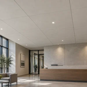 Application concept of a pale panel ceiling with orderly seams and lighting in a daylit lobby.