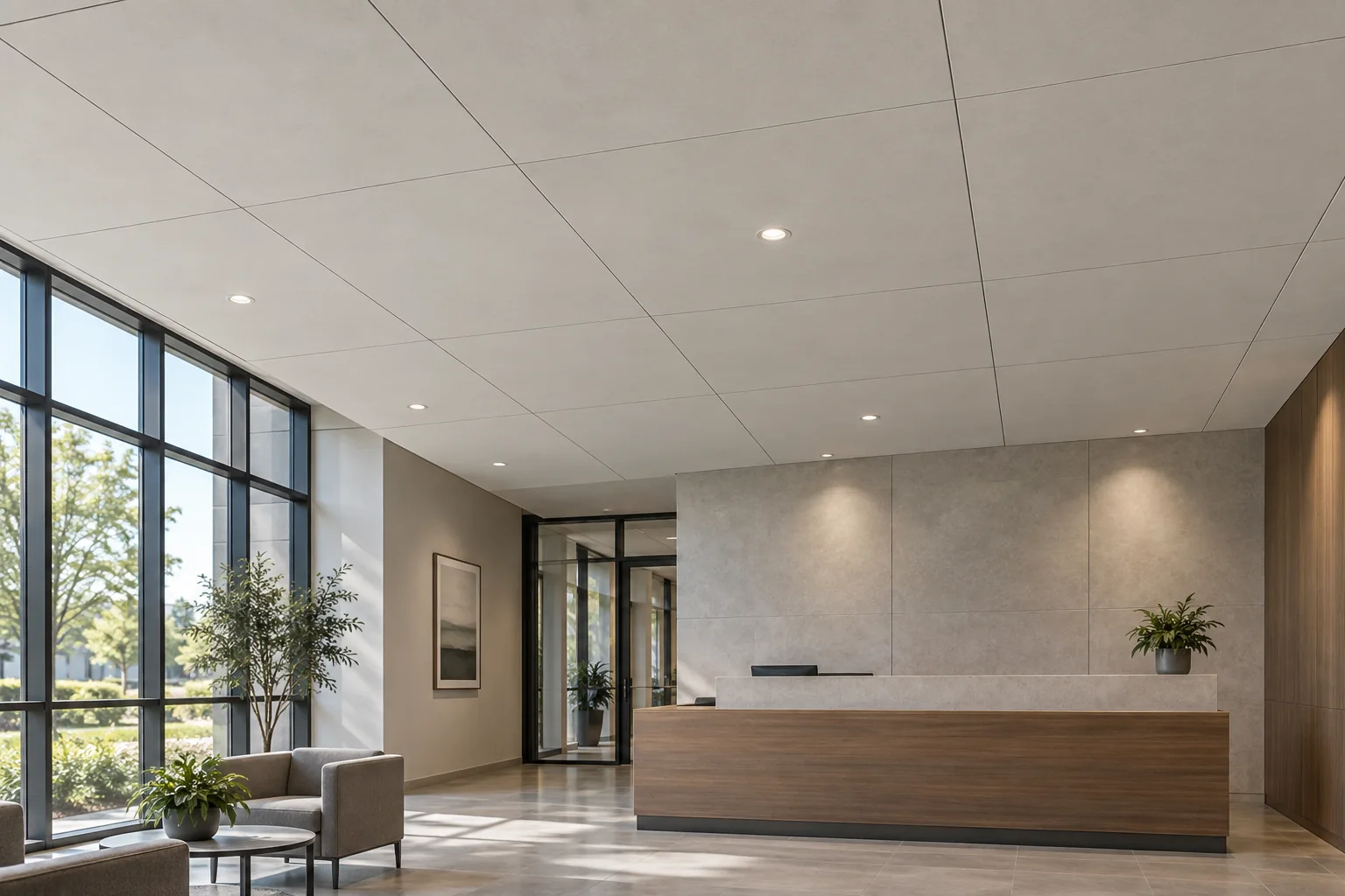 Application concept of a pale panel ceiling with orderly seams and lighting in a daylit lobby.