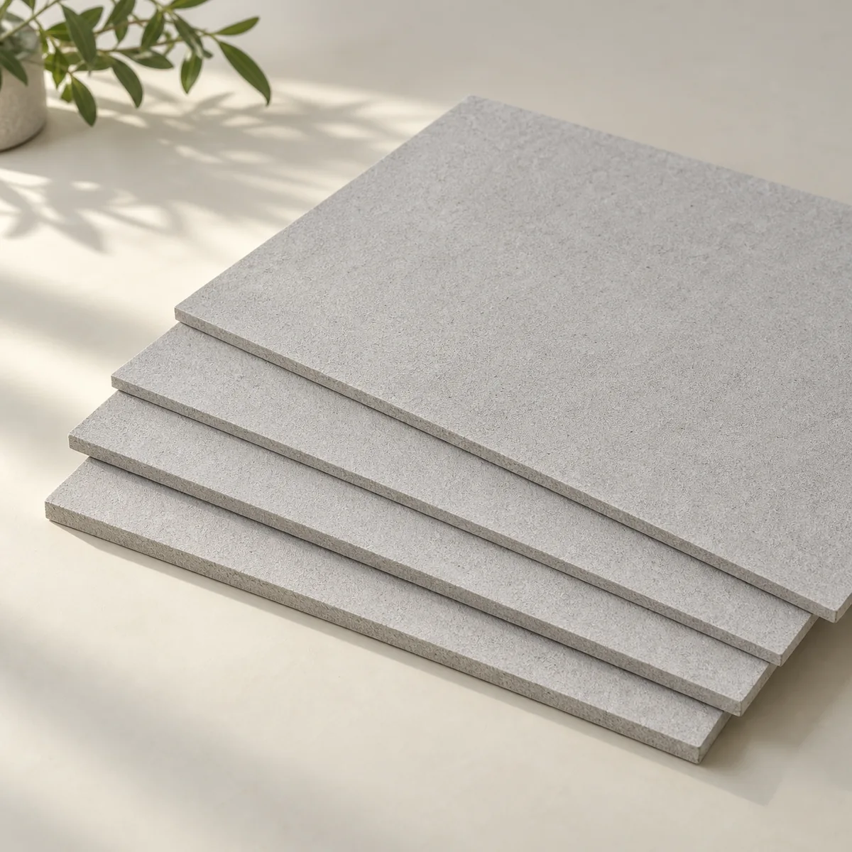 Thin pale-grey ceiling board samples lying flat in a supported staggered stack.