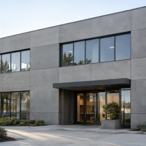 Application concept of grey fiber cement facade panels around windows and a recessed commercial entrance.