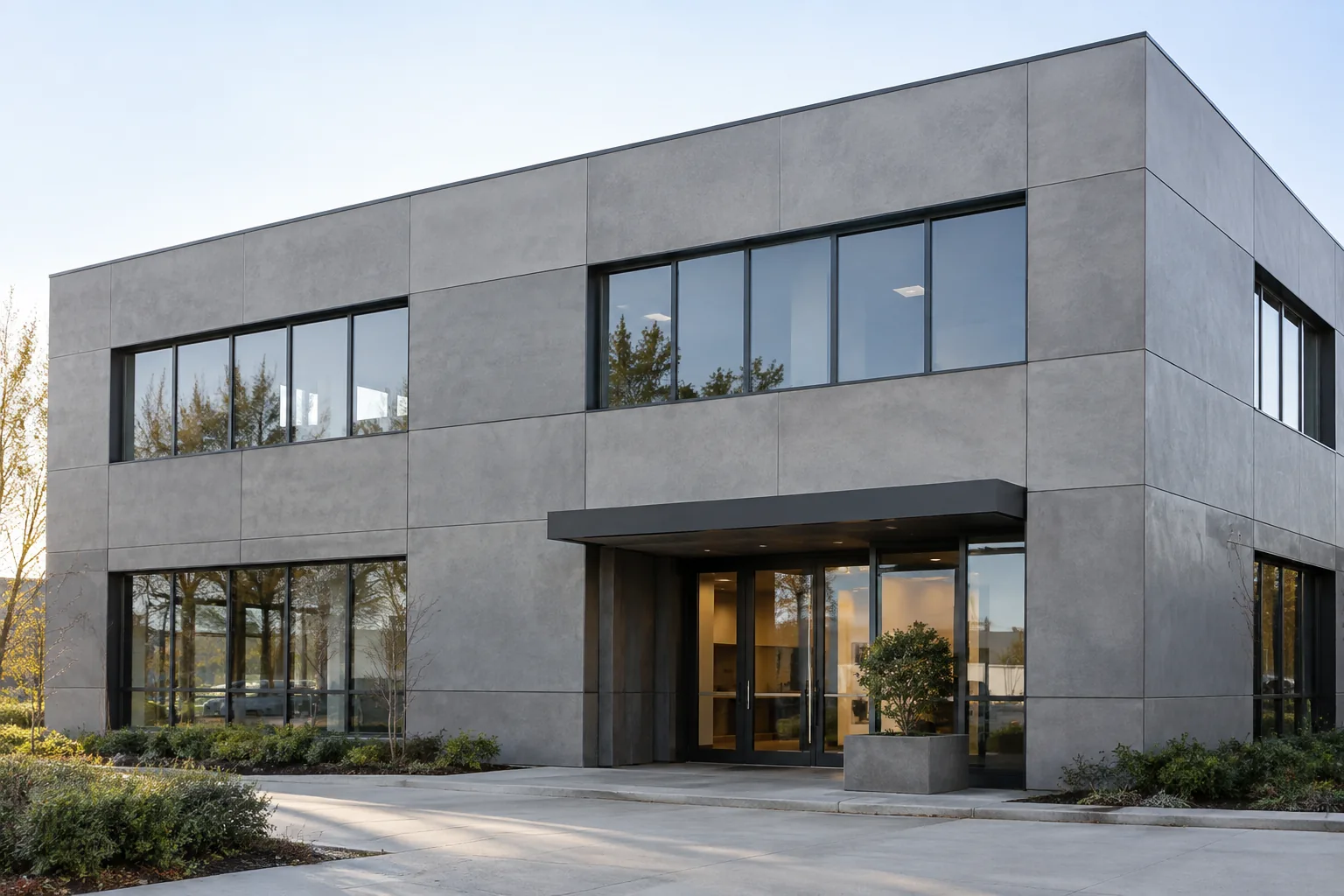Application concept of grey fiber cement facade panels around windows and a recessed commercial entrance.