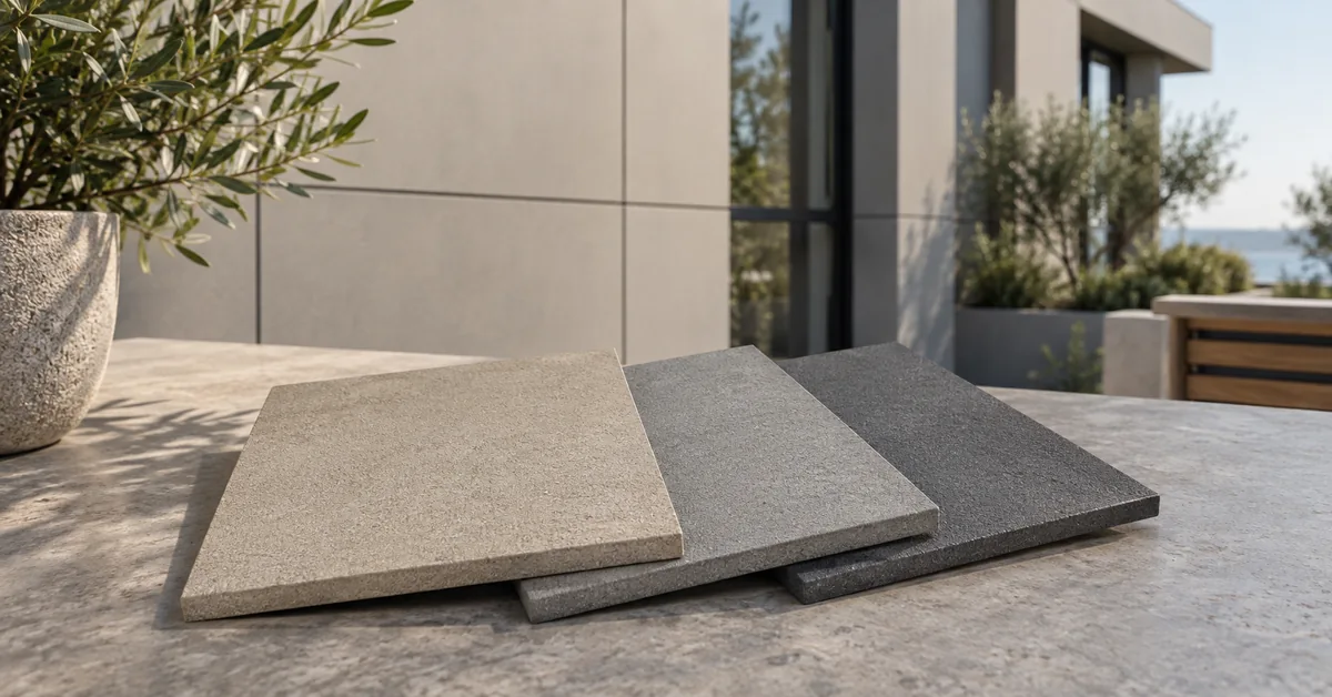 Neutral coloured facade sample boards on a table with an architectural facade softly visible behind.