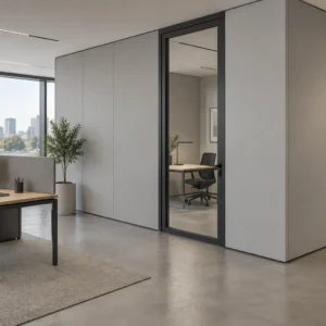 Application concept of panel partitions and door openings dividing a naturally lit office.