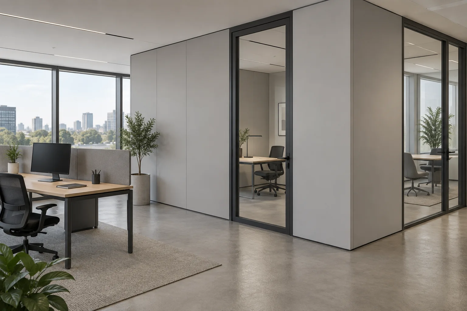 Application concept of panel partitions and door openings dividing a naturally lit office.