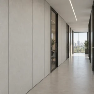 Fiber cement partition panels used in a naturally lit commercial office corridor