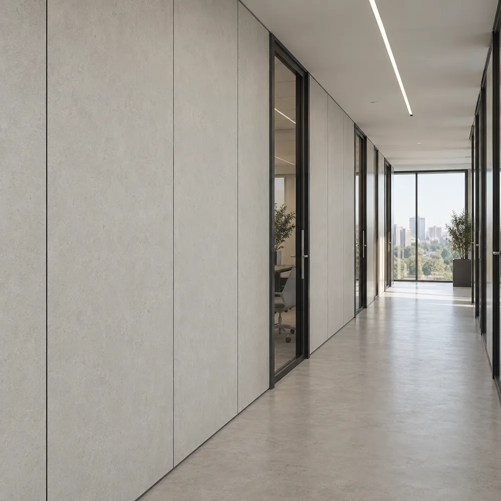 Fiber cement partition panels used in a naturally lit commercial office corridor