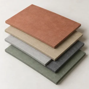AI visualization of staggered fibre cement samples in terracotta, sand, grey, charcoal and sage.