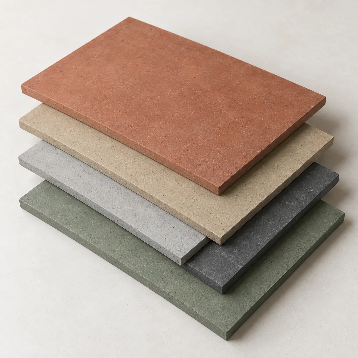 AI visualization of staggered fibre cement samples in terracotta, sand, grey, charcoal and sage.