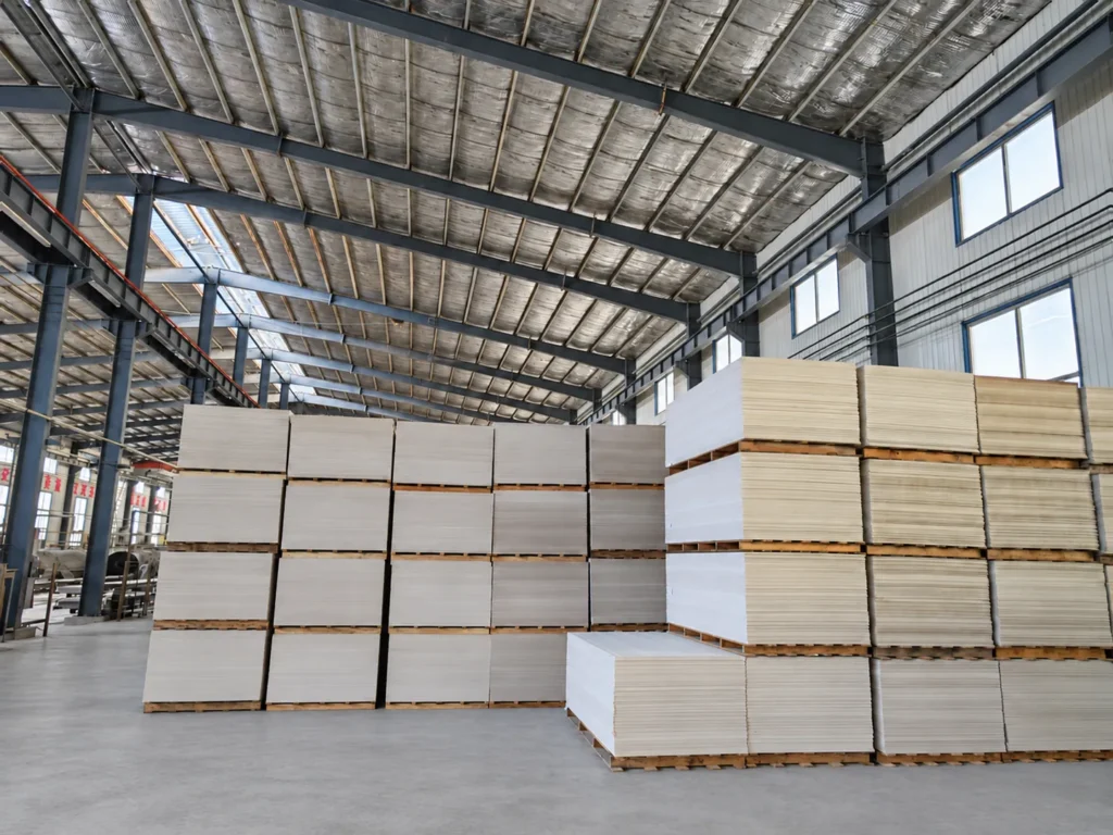 Building boards stacked on wooden pallets in the warehouse