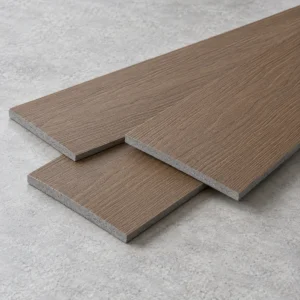 AI visualization of brown wood-grain board faces with grey mineral cut edges.